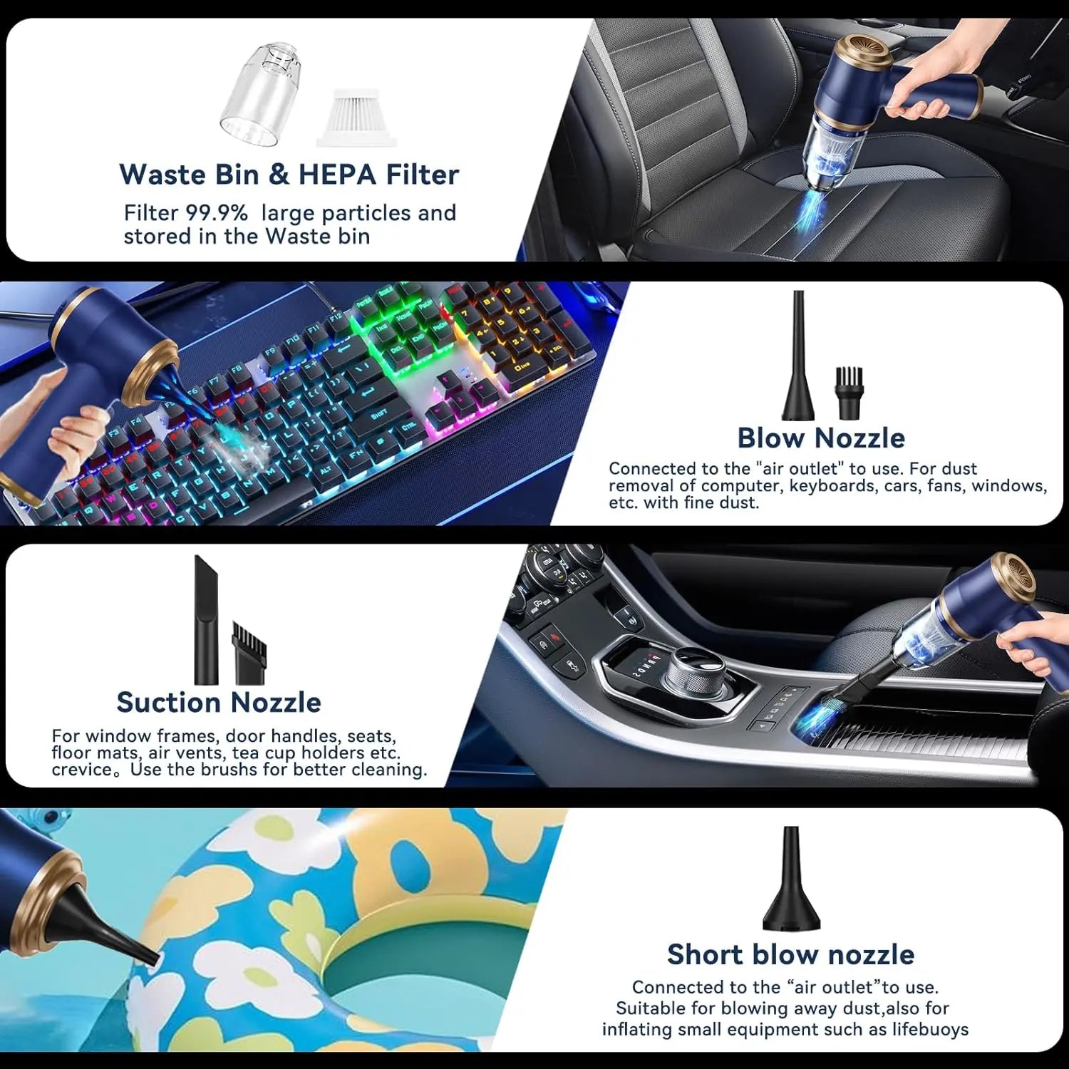 Handheld Car Vacuum Cleaner, 1900OPa VacuumCleaner and Air Gun, 120W High-Power Wireless HandheldCar Vacuum Cleaner, equipped with two filters and multiplenozzles,suitable for cars, homes, offices, and pets.