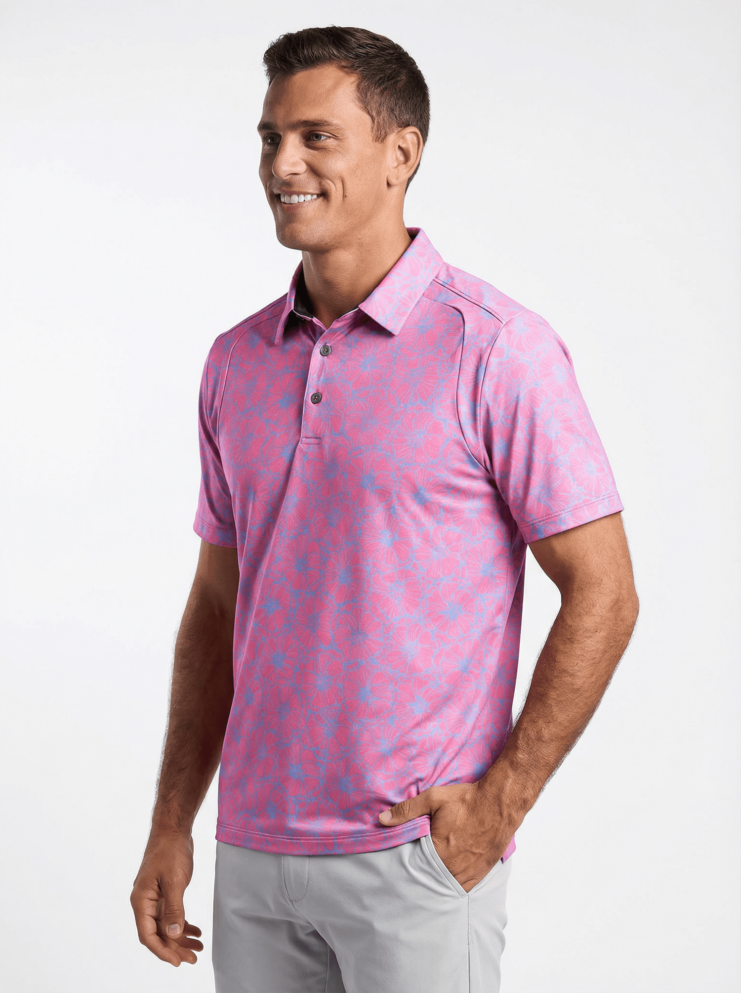 Men's 3 Button Watermelon Floral Polo with SwingFree™ Performance