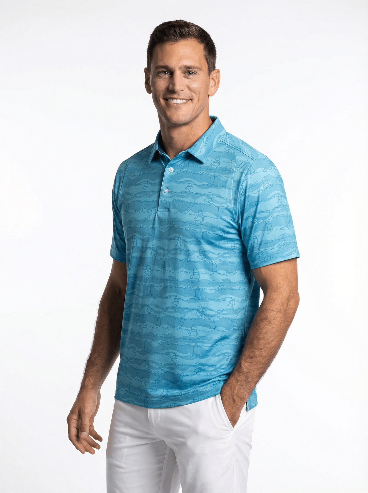 Men's 3 Button Aqua Green Wind Surf Polo with SwingFree™ Performance