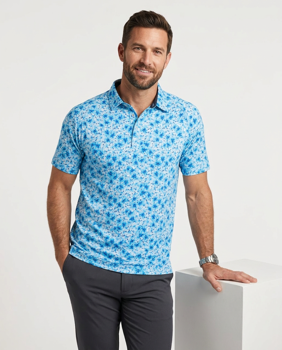 Men's Performance Hawaiian Floral Polo - Aqua